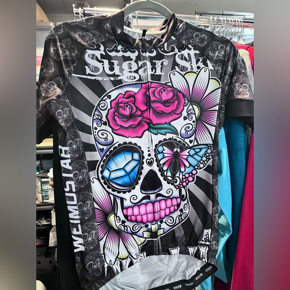 Sugar Skull Cycling Shirt by - Black and Pink